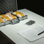 Mala com pacotes de drogas, documentos e caneta sobre a mesa, representando evidências de prisão em flagrante por tráfico de drogas.