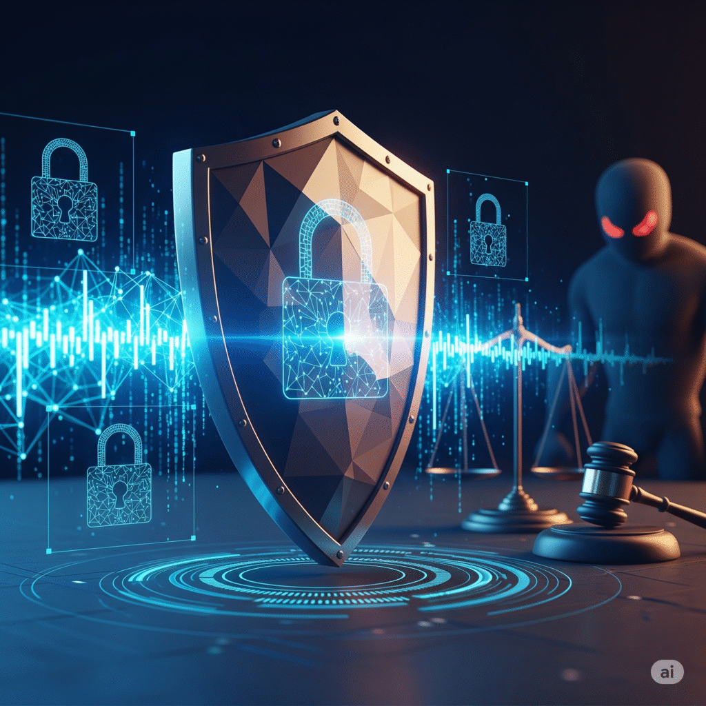 Escudo digital com cadeado simbolizando segurança cibernética e proteção legal, com balança da justiça e martelo de juiz ao fundo. Representa a defesa contra crimes cibernéticos na era digital.