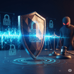 Escudo digital com cadeado simbolizando segurança cibernética e proteção legal, com balança da justiça e martelo de juiz ao fundo. Representa a defesa contra crimes cibernéticos na era digital.